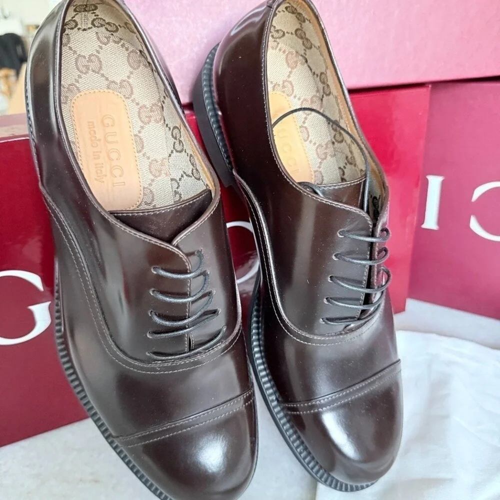 Gucci 812153 Mens Tempe‎ Cap-Toe Dark Brown Leather Oxford Shoes, UK8. US 8.5